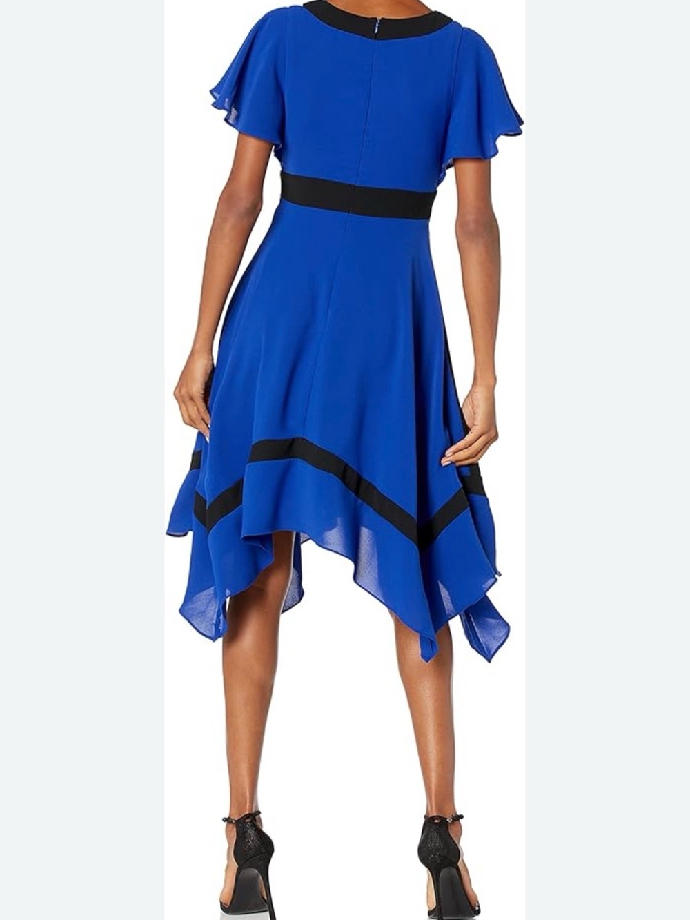 💙 NEW Milly cobalt Blue Flutter Sleeve Handkerchief Hem Dress with Black Trim